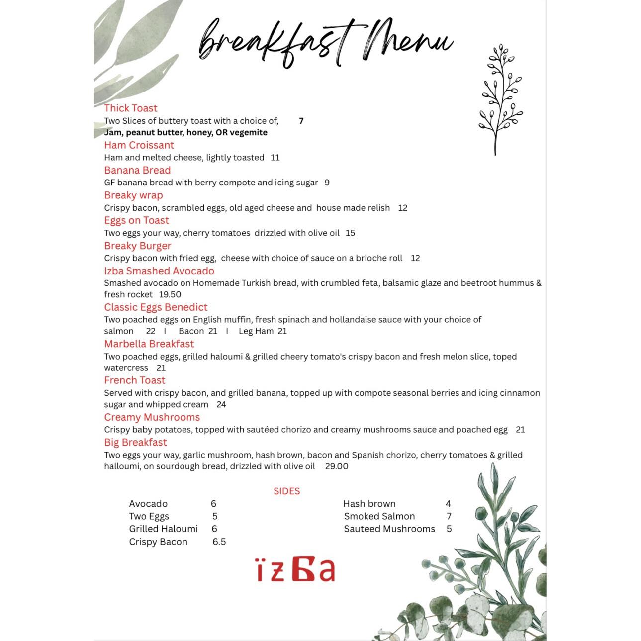 Izba Espresso breakfast menu